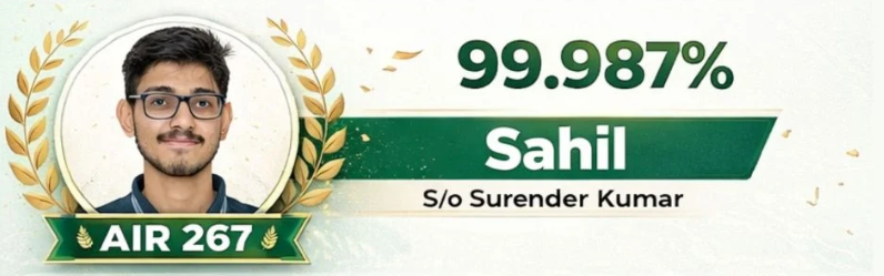 JEE Main 2026 Session 2 Sikar Topper Sahil (99.987% & AIR 267) from Matrix Academy.